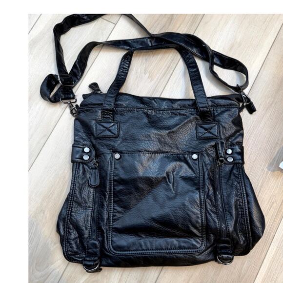 Black Soft Faux Leather Utility Tote Convertible Shoulder Crossbody Motorcycle - Picture 8 of 8